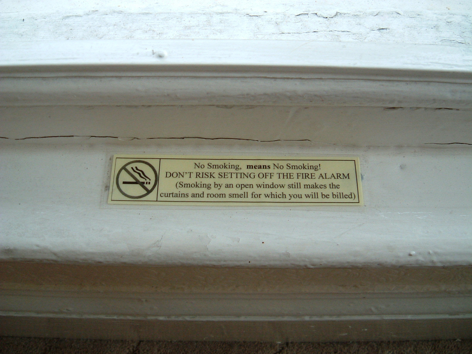 A No Smoking notice on the window sash in the Angeldale Guesthouse