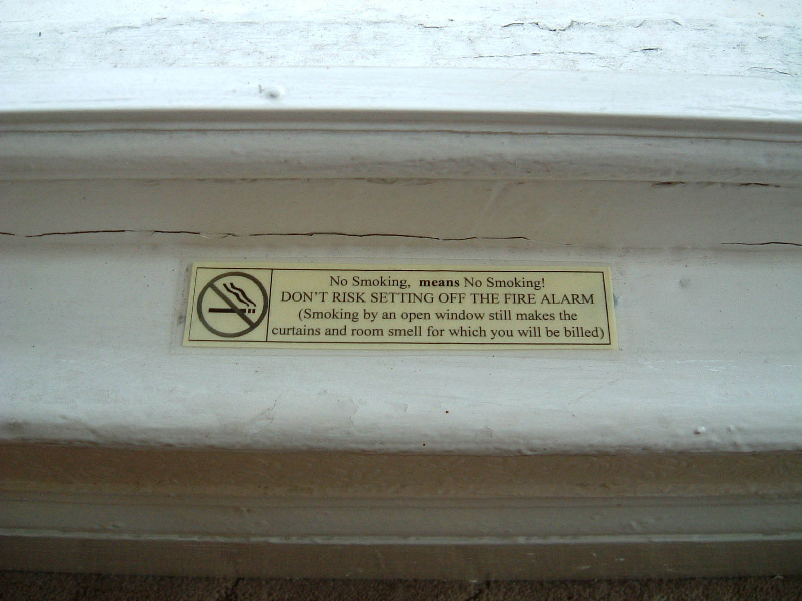 A No Smoking notice on the window sash in the Angeldale Guesthouse
