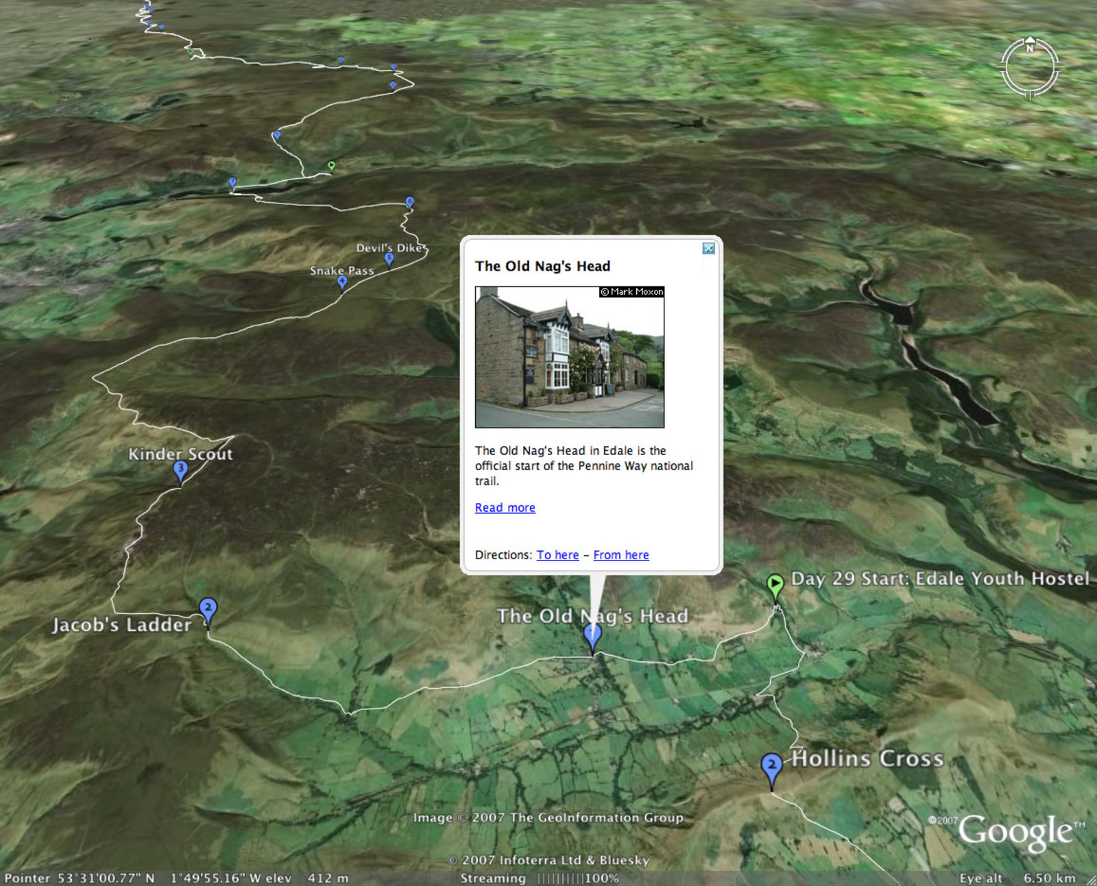 Google Earth showing the start of the Pennine Way