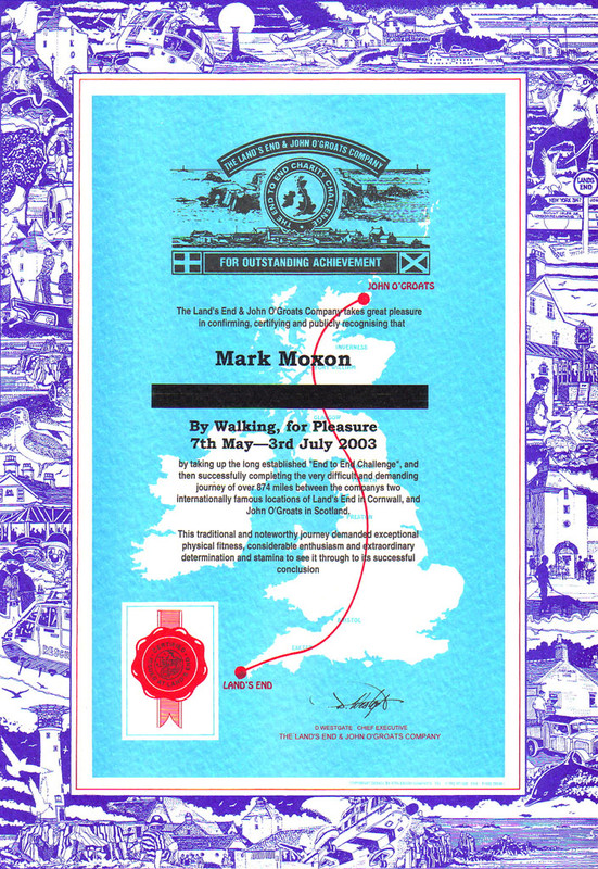 Mark's certificate from the Land's End and John o'Groats Company