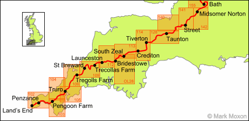 Map of the southwest of England showing Explorer maps